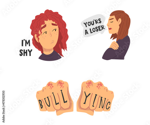 Face of Teenage Girl Feeling Shyness and Fist with Bullying Word Vector Set