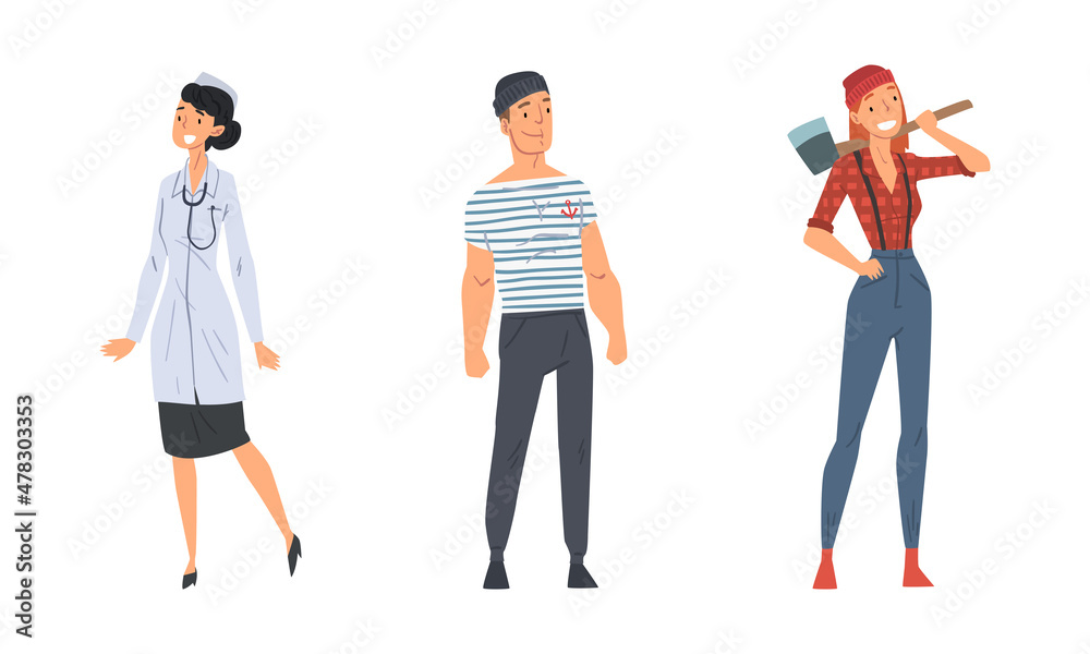 Obraz premium Woman Lumberjack in Checkered Shirt and Man Seaman in Striped Sweatshirt Vector Set