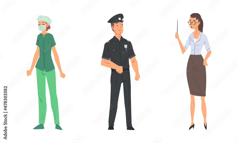 Fototapeta premium Woman Teacher in Glasses with Pointer and Man Police Officer Vector Set