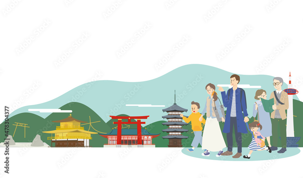Fototapeta premium 京都の有名な観光スポットを歩く家族