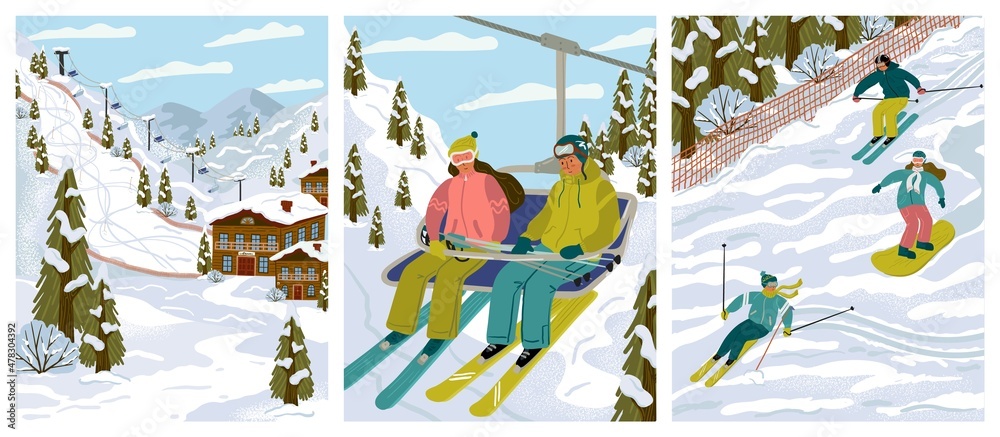 Ski resort with skiers, cable cars, ski lifts, vector illustration set. Winter holidays and sport activity. Winter season mountain landscape with alps chalet. Mountain ski, snowboard, downhill track - obrazy, fototapety, plakaty 