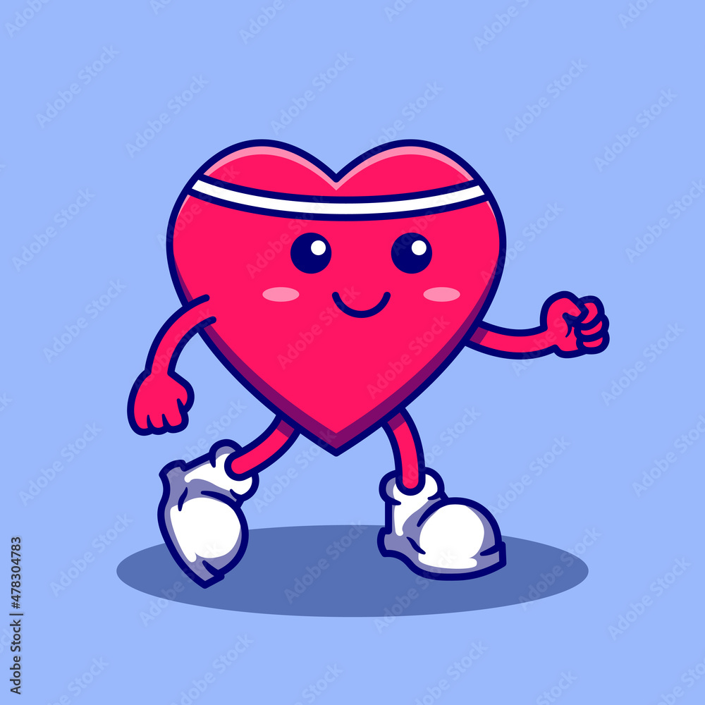 Cute running heart character mascot. Isolated heart vector. Flat