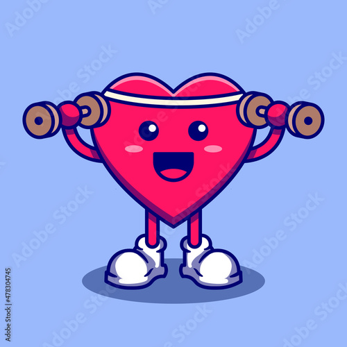 Cute heart character mascot is exercising lifting weights. Heart vector isolated. Flat cartoon style. Valentine theme Vector illustration.