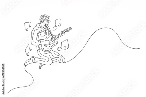 Single line art doodle art image of energetic young guitarist jumping on stage and playing guitar. Energetic musician artist performance concept. Vector illustration of a continuous line drawing .
