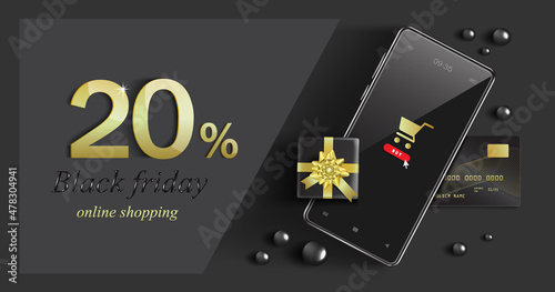 The gift box is placed on the phone and has a credit card on the bottom and next to it there is a message 20% off sale for black friday sale promotion,vector 3d for online shopping concept design