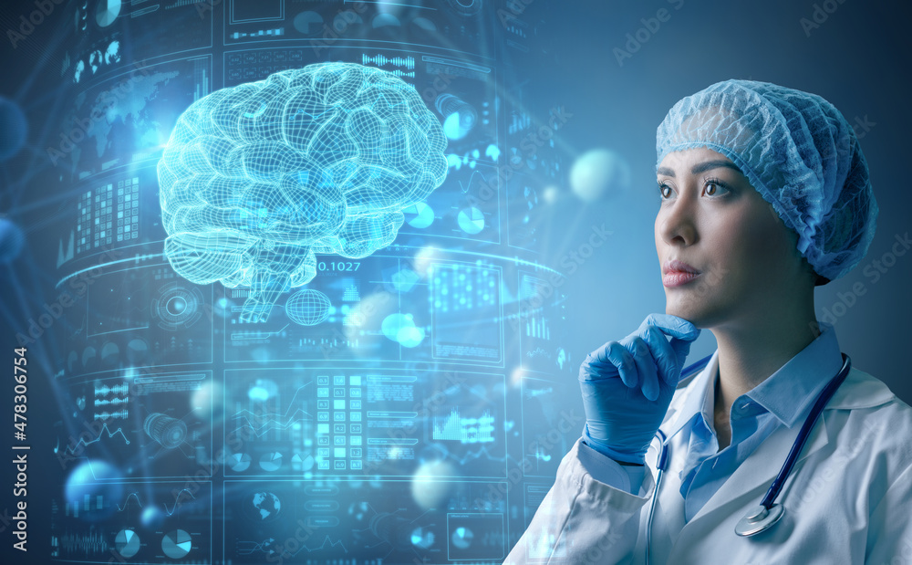 Female doctor surgeon analyzing brain test results on holographic interface. Innovative technology in medical science. 3d illustration elements Female doctor surgeon analyzing brain test results on holographic interface. Innovative technology in medical science. 3d illustration elements