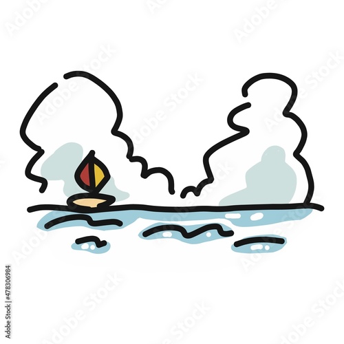 夏の青い海のイラスト。沖にはヨット、空には入道雲が浮かんでいます。