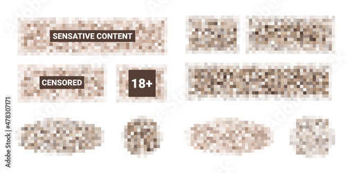 Censored pixel bar set. Nudity skin or sensitive text adult content cover. Censored picture vector illustration.