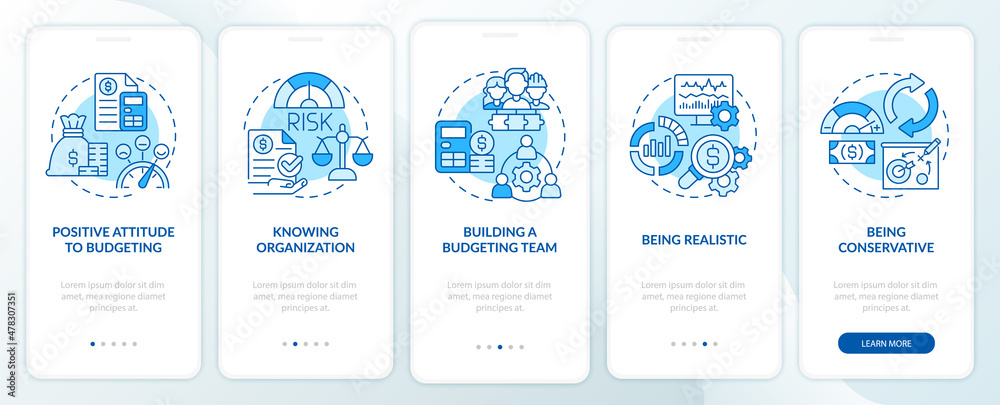 Fototapeta premium Budgeting blue onboarding mobile app screen. Financial plan for business walkthrough 5 steps graphic instructions pages with linear concepts. UI, UX, GUI template. Myriad Pro-Bold, Regular fonts used