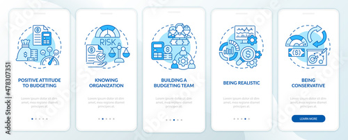 Budgeting blue onboarding mobile app screen. Financial plan for business walkthrough 5 steps graphic instructions pages with linear concepts. UI, UX, GUI template. Myriad Pro-Bold, Regular fonts used