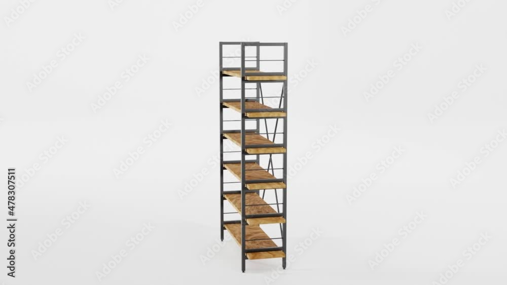 Wooden shelving with metal base, 3d motion graphic animation. Empty ...