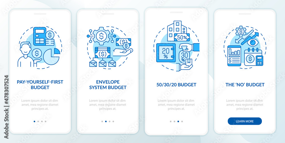 Budget approaches blue onboarding mobile app screen. Financial plan types walkthrough 4 steps graphic instructions pages with linear concepts. UI, UX, GUI template. Myriad Pro-Bold, Regular fonts used Budget approaches blue onboarding mobile app screen. Financial plan types walkthrough 4 steps graphic instructions pages with linear concepts. UI, UX, GUI template. Myriad Pro-Bold, Regular fonts used