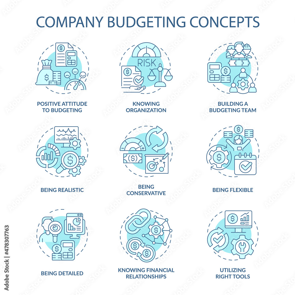 Company budgeting turquoise concept icons set. Financial plan for business idea thin line color illustrations. Isolated outline drawings. Editable stroke. Roboto-Medium, Myriad Pro-Bold fonts used