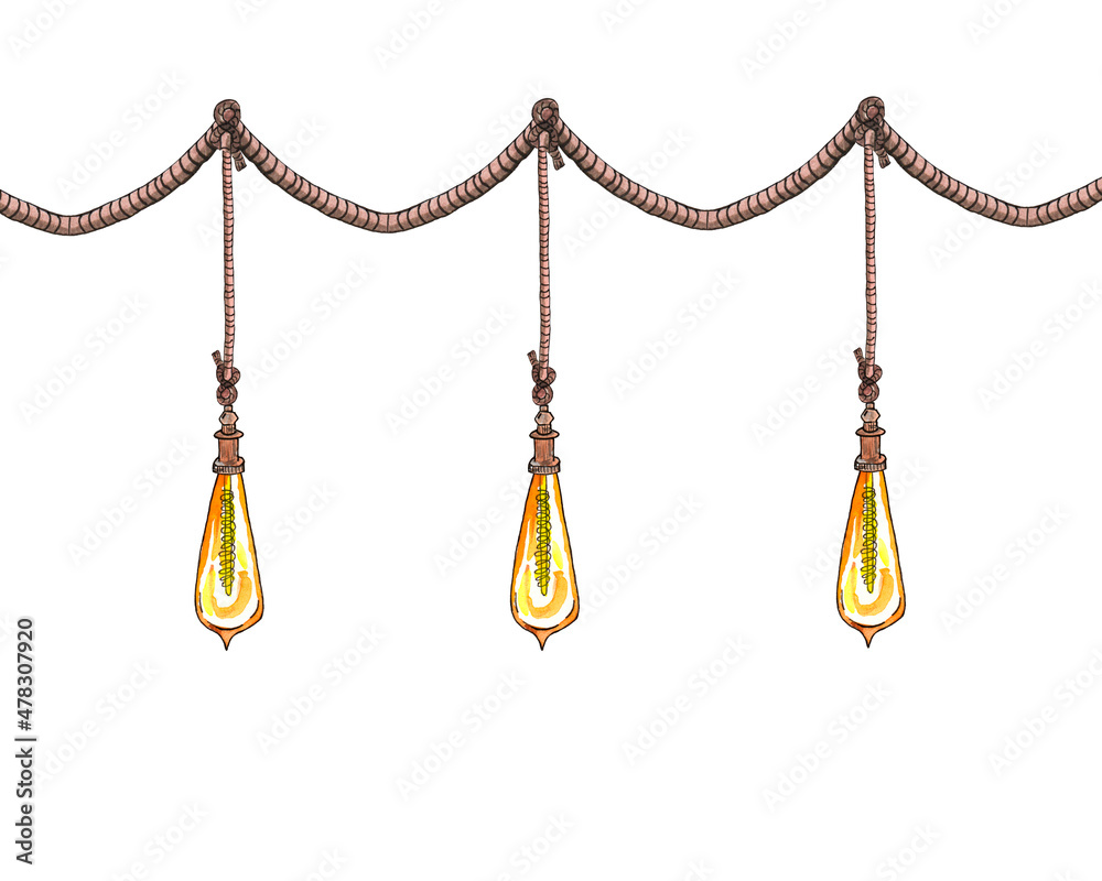 Watercolor illustration. Edison lamps, loft style in the form of a drop , vintage on a rope. Watercolor illustration. Edison lamps, loft style in the form of a drop , vintage on a rope.