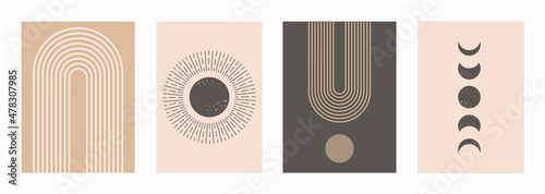 Mid Century Modern Art Print Set of 4, Neutral Beige Geometric Wall Art, Sun, Moon, Rainbow, and Arch