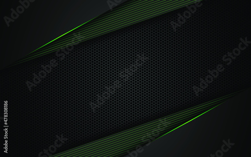 Dark steel mesh abstract background with green glowing lines with space for design. Modern technology innovation concept background	