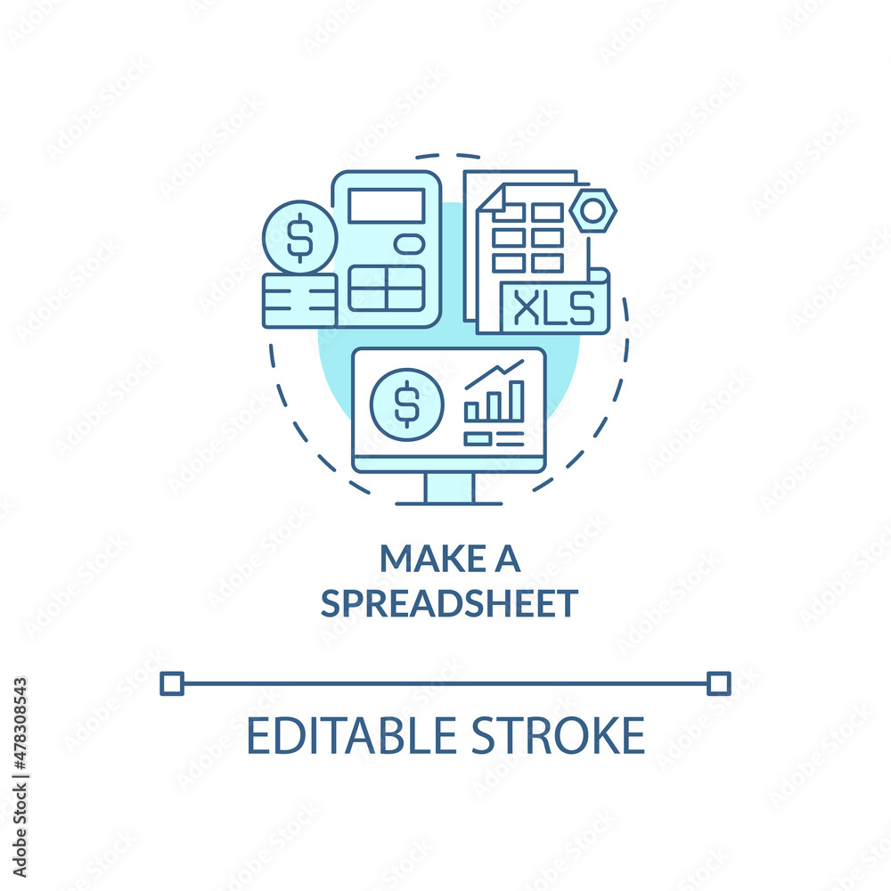 Make spreadsheet turquoise concept icon. Digital and physical sheets abstract idea thin line illustration. Isolated outline drawing. Editable stroke. Roboto-Medium, Myriad Pro-Bold fonts used