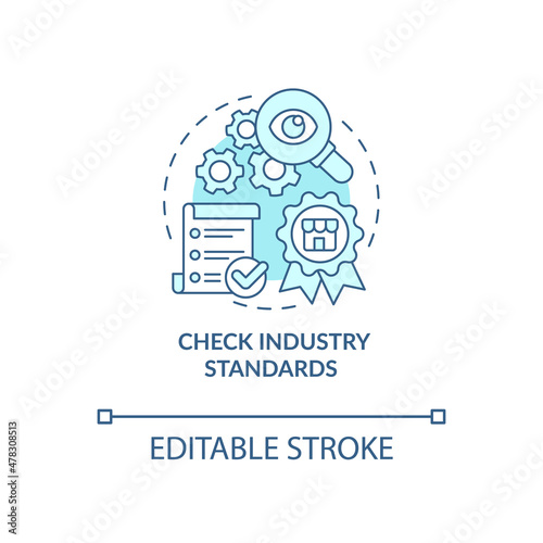 Check industry standards turquoise concept icon. Research and analyze abstract idea thin line illustration. Isolated outline drawing. Editable stroke. Roboto-Medium, Myriad Pro-Bold fonts used