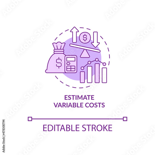 Estimate variable costs purple concept icon. Startup budgeting abstract idea thin line illustration. Isolated outline drawing. Editable stroke. Roboto-Medium, Myriad Pro-Bold fonts used