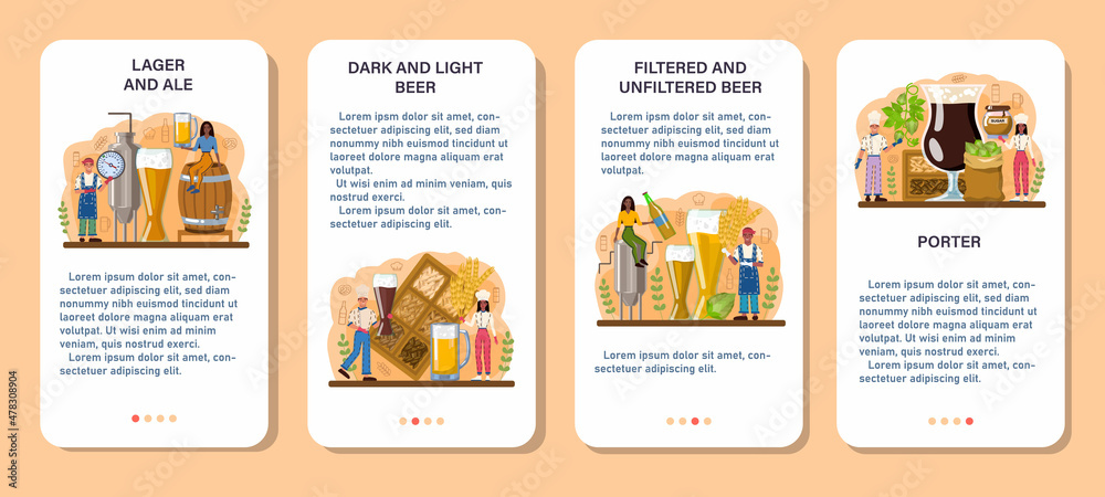 Beer concept mobile application banner set. Glass mug with dark or light,