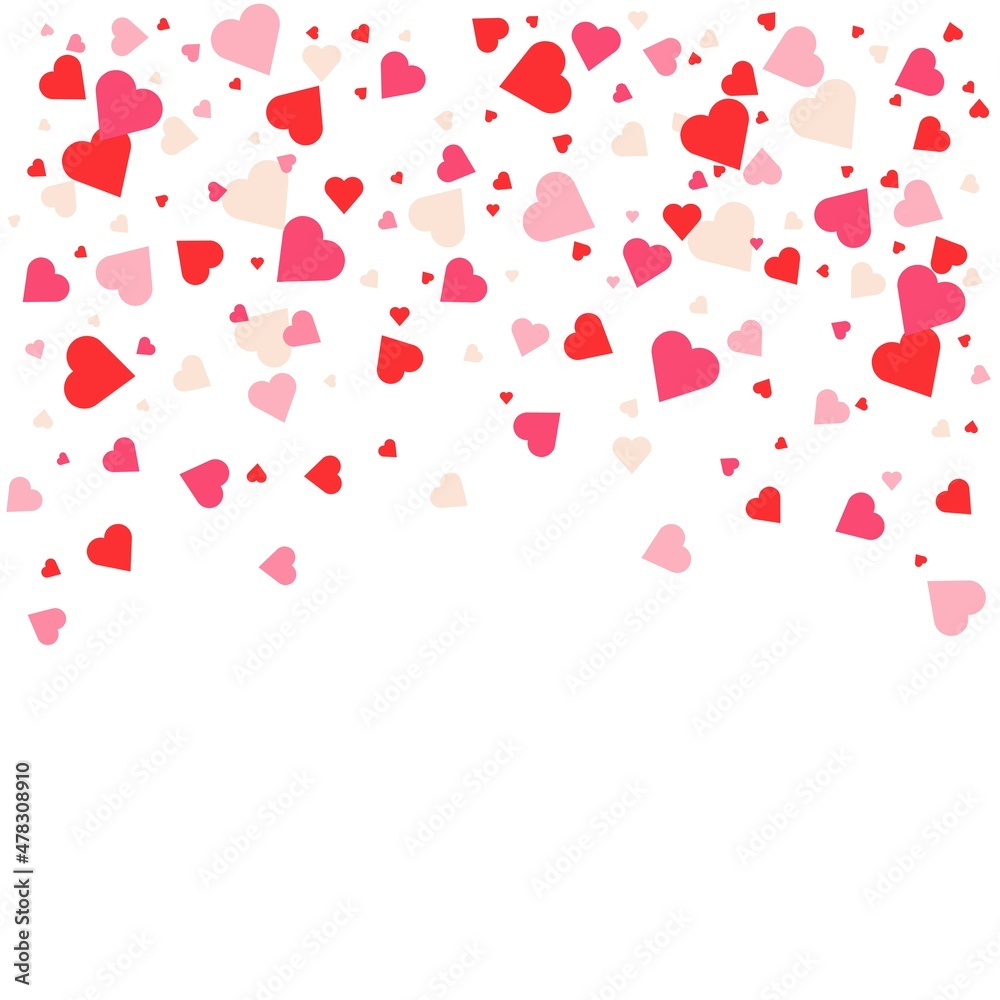 Confetti hearts falling down. Background with heart-shaped scatter. Valentine's day concept. Vector illustration