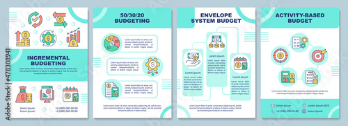 Budgeting methods brochure template. Planning approach. Booklet print design with linear icons. Vector layouts for presentation, annual reports, ads. Arial-Black, Myriad Pro-Regular fonts used
