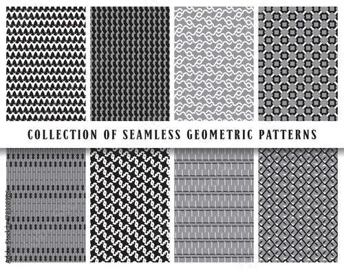 Vector seamless geometric pattern background set, collection. In black, grey, white colors. Abstract endless repeating texture for mask, duvet cover, t-shirt, phone case, wallpaper, carpet