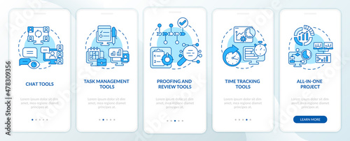 Essential business tools blue onboarding mobile app screen. Proofing walkthrough 5 steps graphic instructions pages with linear concepts. UI, UX, GUI template. Myriad Pro-Bold, Regular fonts used