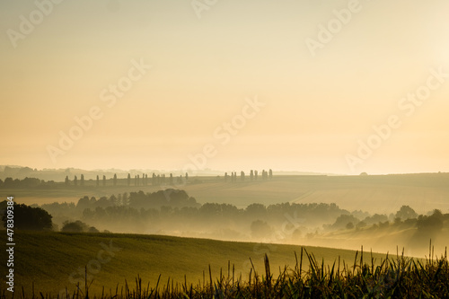 Misty morning sunrise landscape