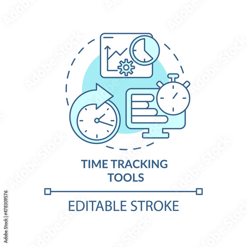 Time tracking tools turquoise concept icon. Reporting of employee work abstract idea thin line illustration. Isolated outline drawing. Editable stroke. Roboto-Medium, Myriad Pro-Bold fonts used