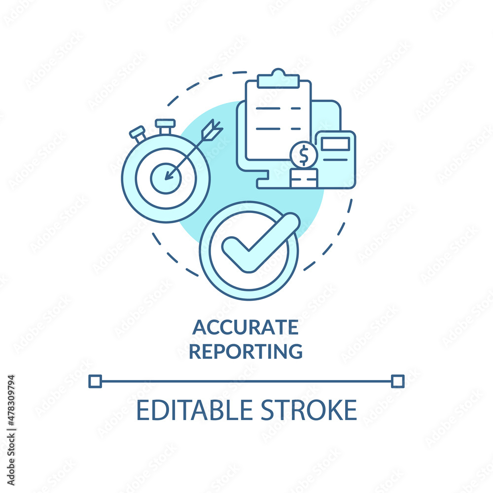 Accurate reporting turquoise concept icon. Increasing productivity abstract idea thin line illustration. Isolated outline drawing. Editable stroke. Roboto-Medium, Myriad Pro-Bold fonts used Accurate reporting turquoise concept icon. Increasing productivity abstract idea thin line illustration. Isolated outline drawing. Editable stroke. Roboto-Medium, Myriad Pro-Bold fonts used