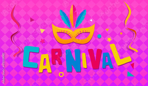 Carnival (Carnaval) mardi gras mask, plaid background. Confetti and streamers vector Illustration