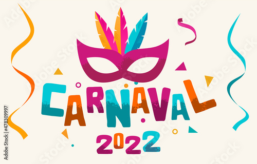 Banner de Carnaval, máscara e plumas. 2022