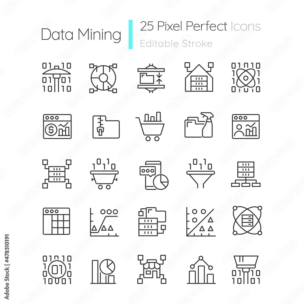 Data mining linear perfect pixel icons set. Knowledge discovering in data. Customizable thin line contour symbols. Isolated vector outline illustrations. Editable stroke. Quicksand-Light font used Data mining linear perfect pixel icons set. Knowledge discovering in data. Customizable thin line contour symbols. Isolated vector outline illustrations. Editable stroke. Quicksand-Light font used