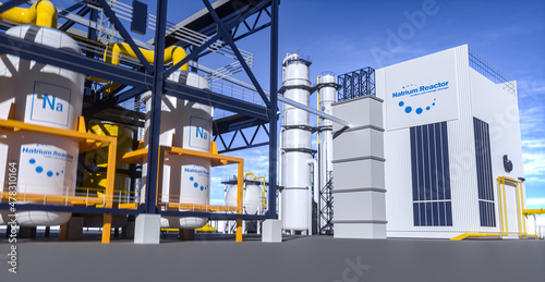 Thorium Reactor. salt energy storage natrium sodium nuclear reactor power plant on a sunny day. Molden Salt energy storage is a future energy concept. 3d rendering