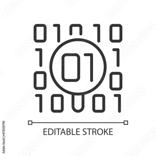 Dataset checkup linear pixel perfect icon. Looking for bugs in binary code. Thin line customizable illustration. Contour symbol. Vector isolated outline drawing. Editable stroke. Arial font used