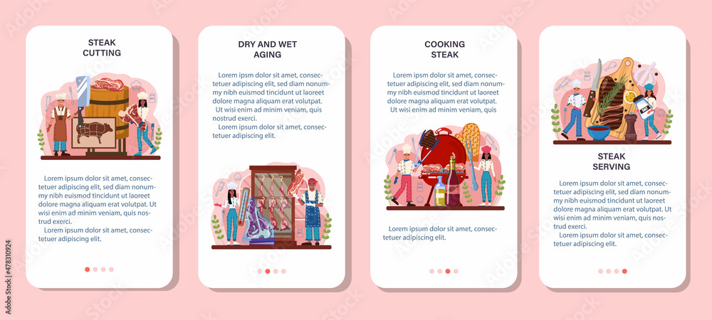 Steak mobile application banner set. People cutting beef and cooking