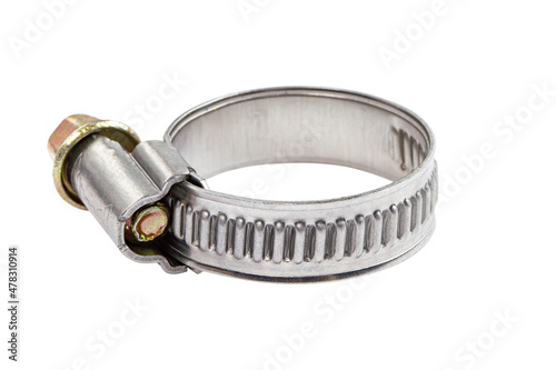 Metal hose clamp for flexible hose isolated on white.