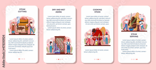 Steak mobile application banner set. People cutting beef and cooking