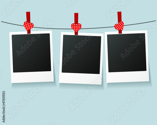 Clothespins with photos and hearts. Place for your text and tags. Vintage photos frame on the clothespin with hearts. Vector illustration.