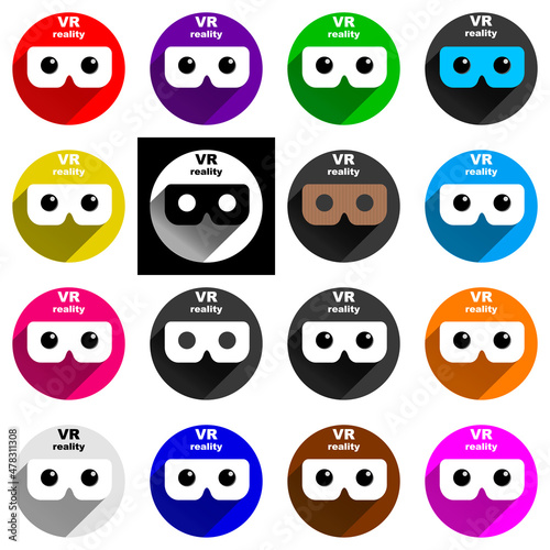 A set of multicolored VR glasses with a shadow on a white isolated background, vector illustration