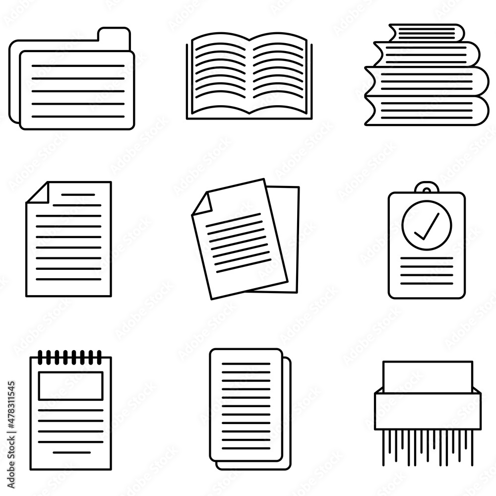 Set of line icons related to documents, folders, workbooks, books. Set of line icons related to documents, folders, workbooks, books.