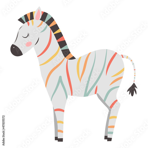 Fototapeta Naklejka Na Ścianę i Meble -  Cute zebra with colorful stripes, vector childish illustration in flat style. For poster, greeting card and baby design.