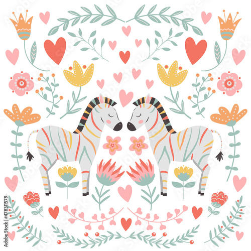 Cute zebras with colorful stripes, surrounded by flowers and hearts. Valentine's day concept, greeting card.