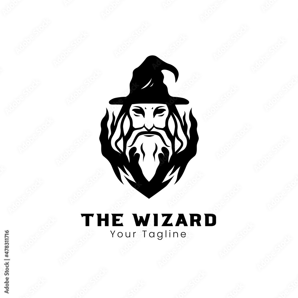 Black and white wizard face logo design