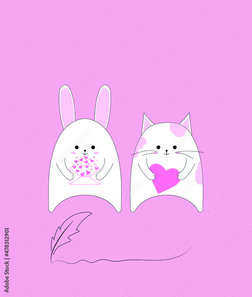 white bunny and white kitten with an envelope in hand. greeting card for valentine's day. hearts from an envelope. vector illustration, eps 10. white bunny and white kitten with an envelope in hand. greeting card for valentine's day. hearts from an envelope. vector illustration, eps 10.
