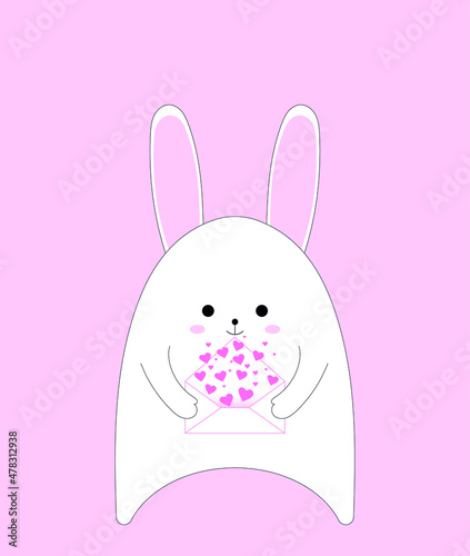 white bunny with an envelope in hand. greeting card for valentine's day. hearts from an envelope. vector illustration, eps 10.