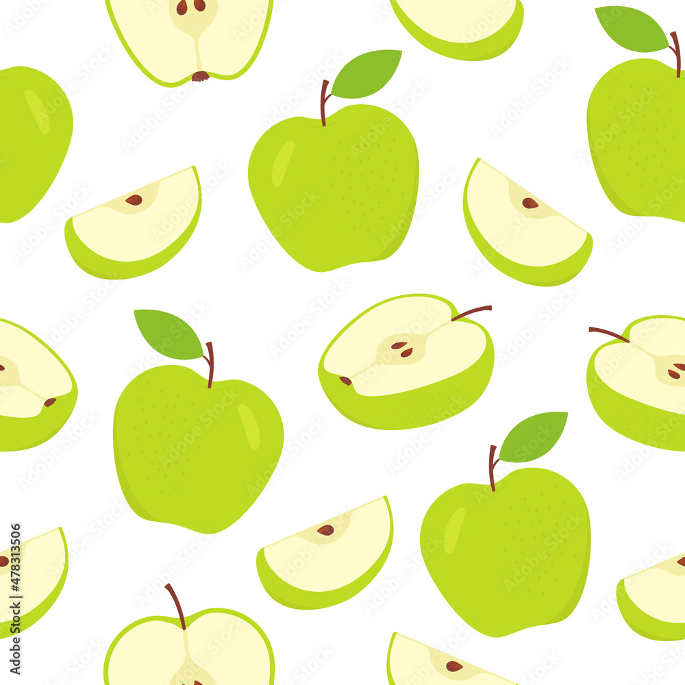 Seamless apple pattern. Sliced green apples white background. Sweet cute fruits texture. Vector illustration