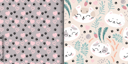 A set of two seamless patterns with cute cat faces and cat footprints. Ornament for children's textiles, typography.
Web