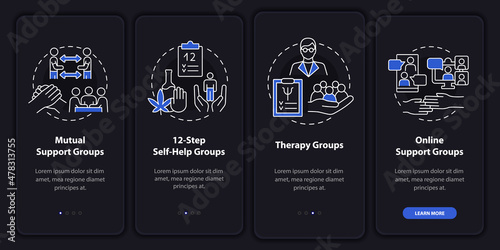 Health-related support groups night mode onboarding mobile app screen. Walkthrough 4 steps graphic instructions pages with linear concepts. UI, UX, GUI template. Myriad Pro-Bold, Regular fonts used